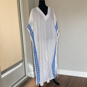 OSFM Printed Long Caftan Swimsuit Coverup MUU MUU  Boho Border Embroidered EUC